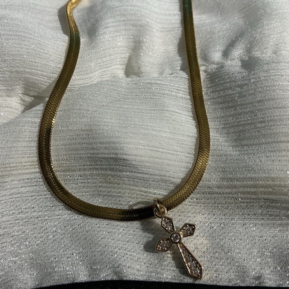Gorgeous Hypoallergenic Gold Cross Herringbone Necklace - Picture 8 of 15